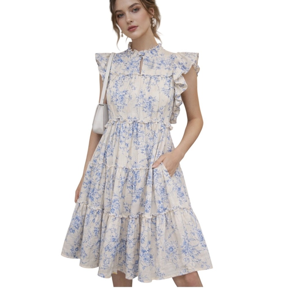 Talmlah Blue Toile Floral Tiered Ruffle Midi Dress‎ L Cottagecore